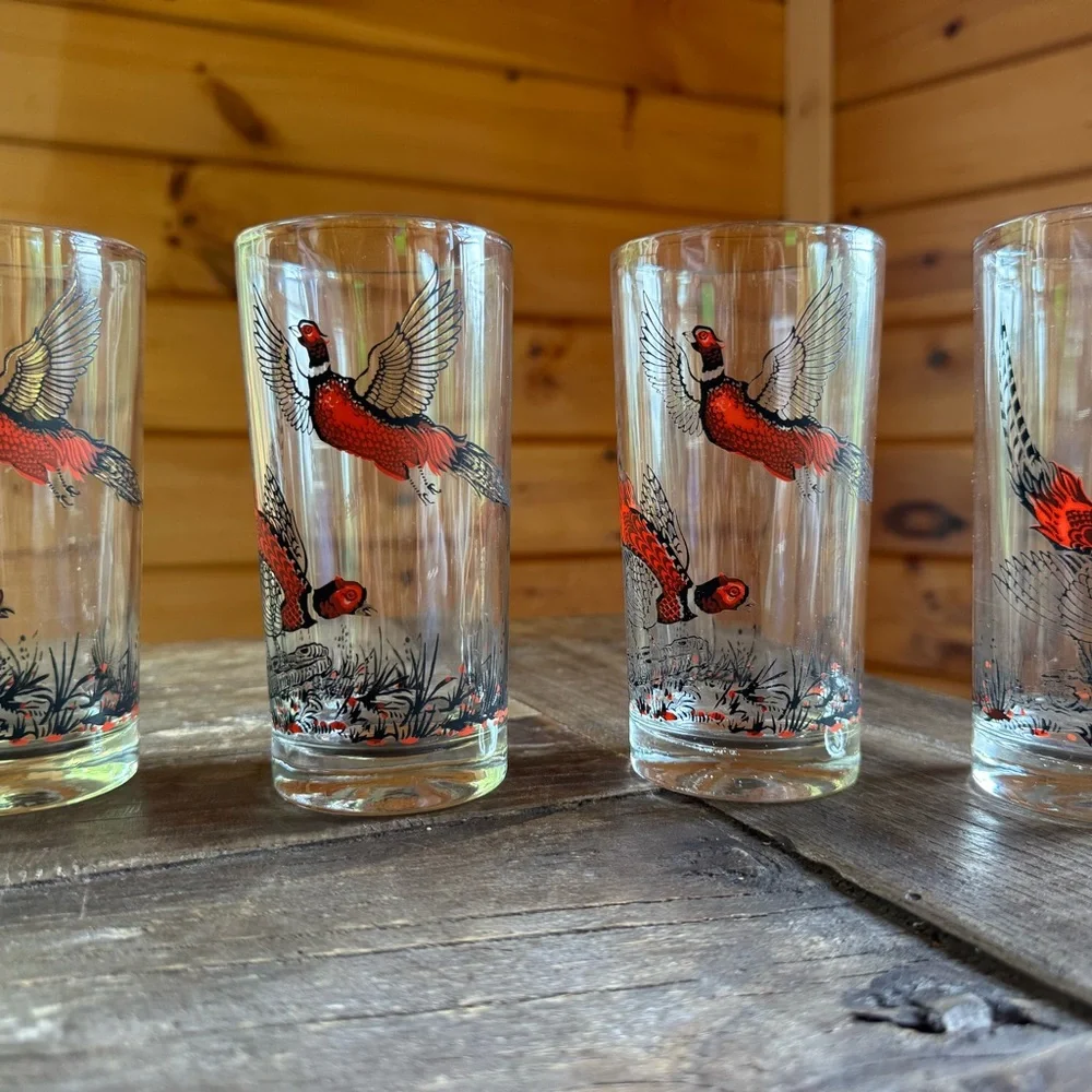 MCM Vintage Pheasant Glass Tumbler set 4 - Red Flying Bird Design
